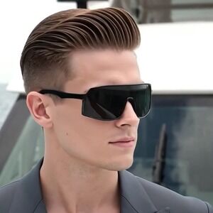 Shield Sunglasses Men's Sport UV400 Protection Dark Black‎ Lens Trendy Fishing